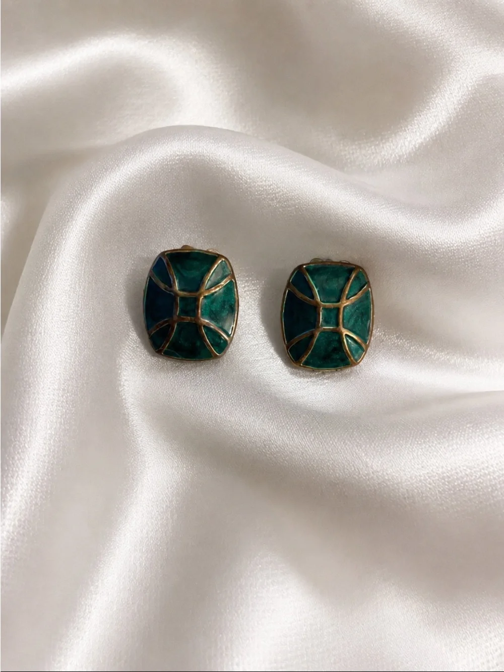 Green Enamel Geometric Clip Earrings